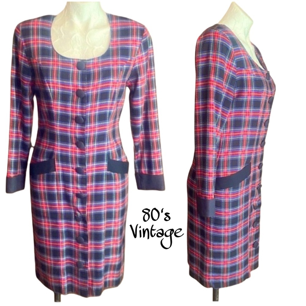 Vintage 1980’s red blue black plaid Express Dress size 5/6 EUC